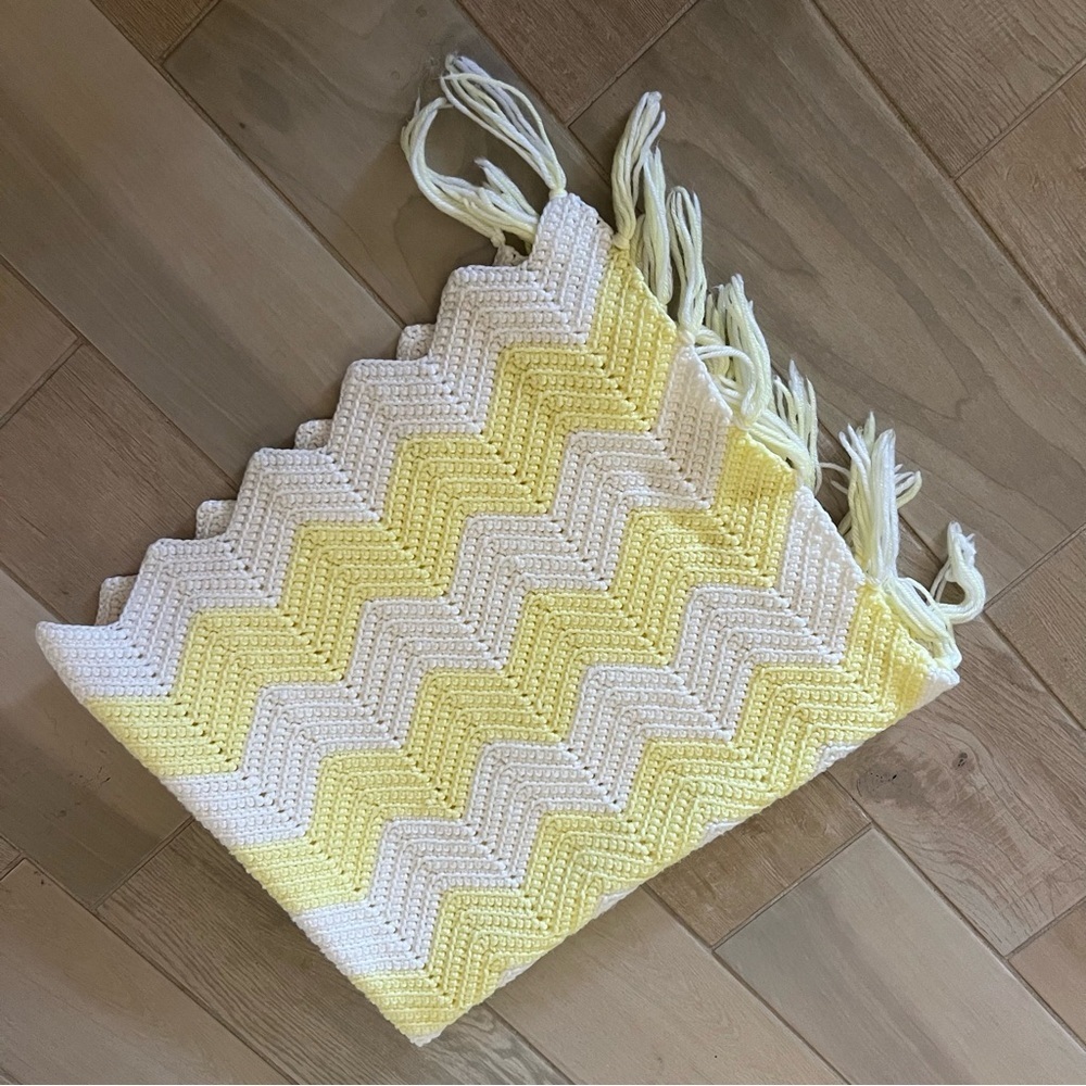 Vintage Handmade Crochet Knit Afghan Yellow And White Chevron